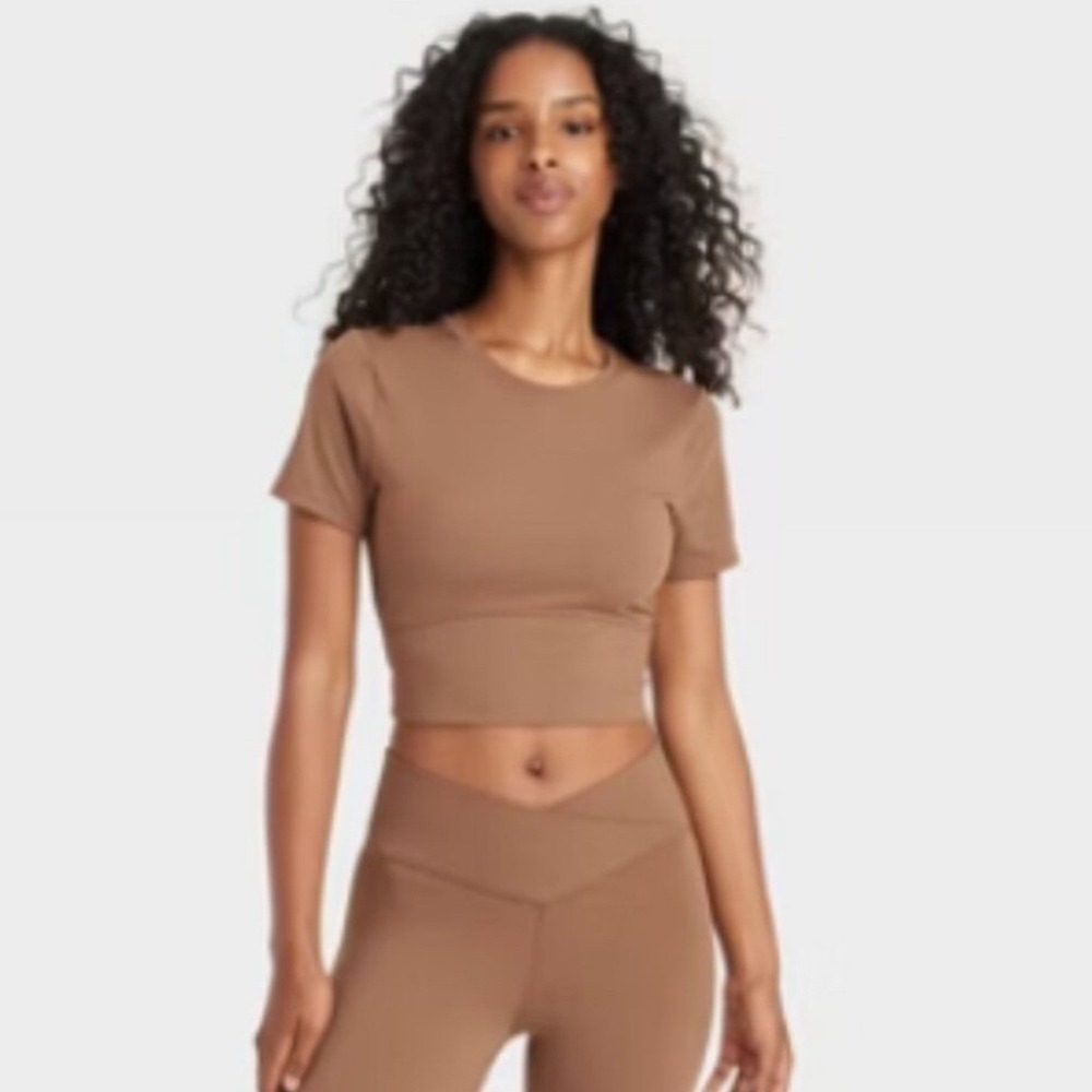 JoyLab Active Cropped Fit Short Sleeve Tee Womens XL Mocha Brown NWT Crew Neck